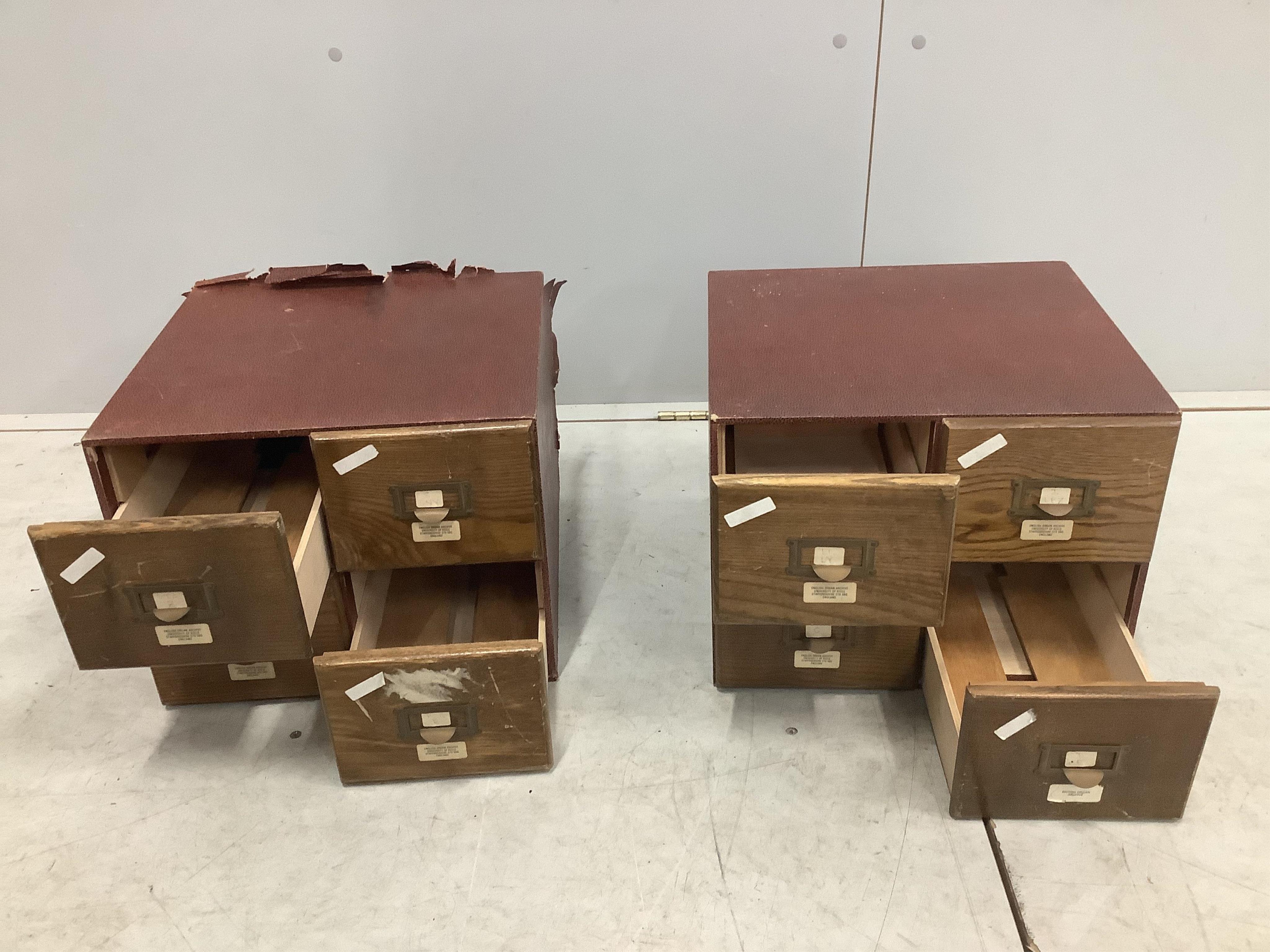 A pair of early 20th century small four drawer filing chests, width 36cm, depth 34cm, height 28cm. Condition - poor